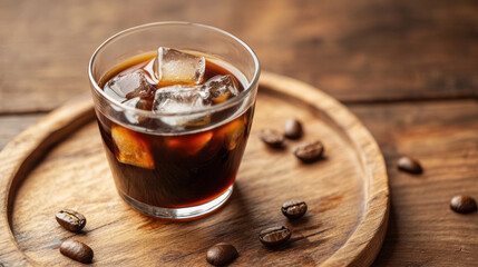 glass of iced Americano sits on wooden tray, surrounded by coffee beans, creating refreshing and inviting scene. rich, dark coffee contrasts with clear ice cubes