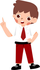Smiling Schoolboy in Red Trousers, Pointing Up, Illustration with Indonesian Elementary School Uniform
