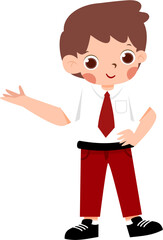 Smiling Schoolboy in Red Trousers Gesturing, Cartoon Illustration with Indonesian Elementary School Uniform