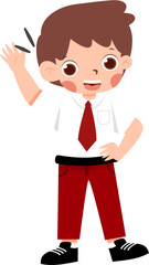 Cheerful Boy in Red Pants and White Shirt Waving with Indonesian Elementary School Uniform