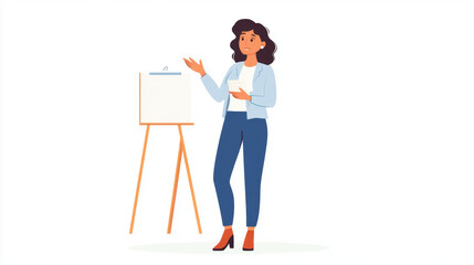 Fototapeta premium teacher stands confidently beside whiteboard, holding paper and gesturing as if explaining concept. educational setting is enhanced by her professional attire and engaging demeanor