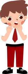 Astonished Boy in Red Trousers and White Shirt with Indonesian Elementary School Uniform