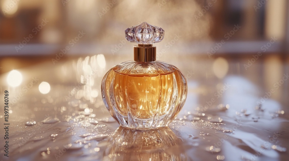 Poster A captivating scene of perfume mist gracefully diffusing in the air, with shimmering droplets catching the light, embodying the allure of fragrance