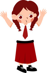 Surprised Schoolgirl in Red Uniform with Braids, Arms Raised with Indonesian Elementary School Uniform