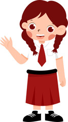 Smiling Schoolgirl in Red Uniform Waving Hello with Indonesian Elementary School Uniform