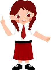 Cheerful Schoolgirl with Red Tie and Pigtails, Pointing Up with Indonesian Elementary School Uniform