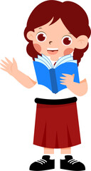 Happy Girl in Red Skirt Presenting Open Blue Book with Indonesian Elementary School Uniform