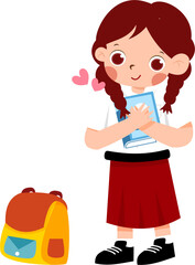 Happy Schoolgirl Cherishing Textbook with Backpack with Indonesian Elementary School Uniform