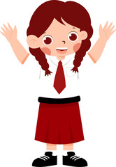Joyful Schoolgirl with Red Tie and Pleated Skirt, Arms Raisedwith Indonesian Elementary School Uniform