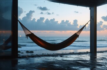 Serene sunset view from a beachfront ruin.  A hammock hangs gently, swaying in the ocean breeze. Tranquil escape, peaceful relaxation.