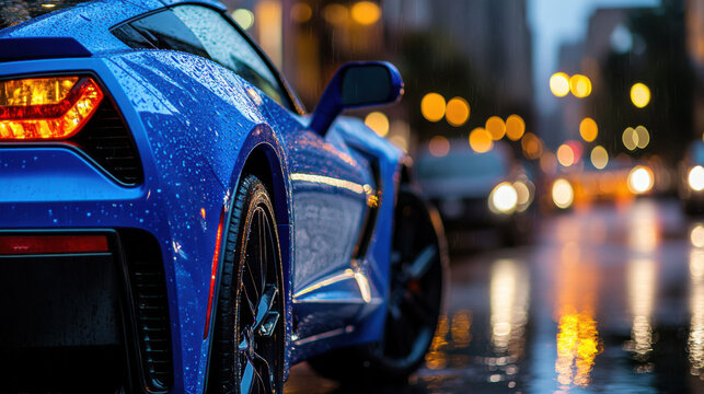 Dynamic blue sports car speeds through rainy city streets at dusk urban environment high-resolution photography