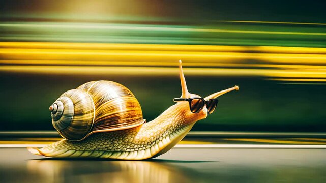 A cute snail wearing sunglasses and running at high speed on a street road 4K