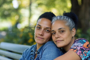 Naklejka premium Romantic Same Sex Couple Enjoying a Peaceful Moment Together on a Park Bench in Autumn, Generative AI