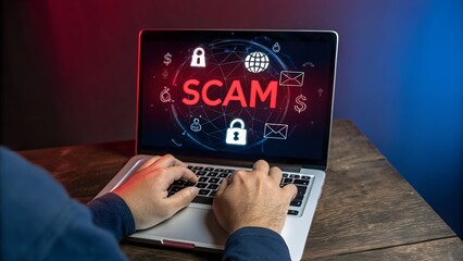 Fototapeta premium Scam Alert Warning with Cybersecurity Icons. Man holding smartphone while using laptop, warning sign for scams with icons online threats, phishing, cybersecurity, Unknown person, suspicious scammer,