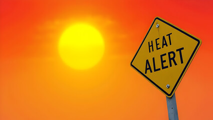 Heat Alert Sign Against a Blazing Sun. Urgent warning for extreme heat conditions. Ideal for weather reports, safety advisories, and public awareness campaigns.