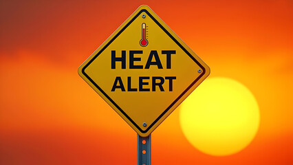 Heat Alert Sign Against a Blazing Sun. Urgent warning for extreme heat conditions. Ideal for weather reports, safety advisories, and public awareness campaigns.