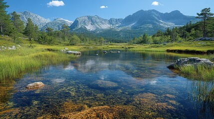 Fototapeta premium Scenic mountain lake mirroring the majestic alpine peaks on a serene day