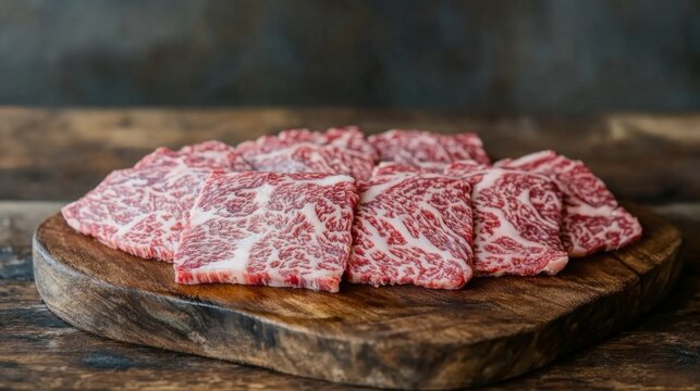 A close-up of a selection of fresh cuts of beef arranged on a wooden cutting board, showcasing the marbling and vibrant red color of the meat against a rustic backdrop