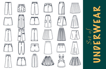 Set of underwear. 30 vector illustration underwear for women and men style line icons: pants, cargo, jeans, trousers, jogger, shorts, bootcut, flare, ripped, skirt, long skirt, short skirt