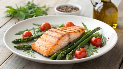 Grilled Salmon Fillet with Asparagus, Cherry Tomatoes, and Arugula on White Plate