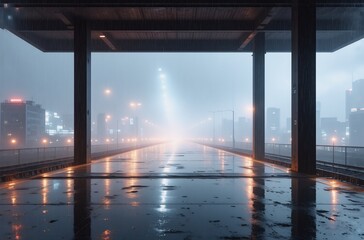 Fototapeta premium A misty city scene viewed from under a dark, modern structure. Rain-slicked pavement reflects the distant, glowing cityscape and a bright, central light source.