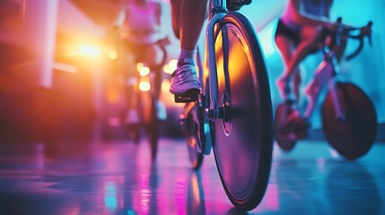 diverse group of people in indoor cycling class riding spin bikes during high energy cardio workout under colorful lights in a happy fitness studio setting