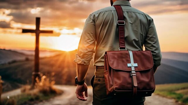 Missionary man walking with a suitcase in field at sunset taking the Word of God 4K