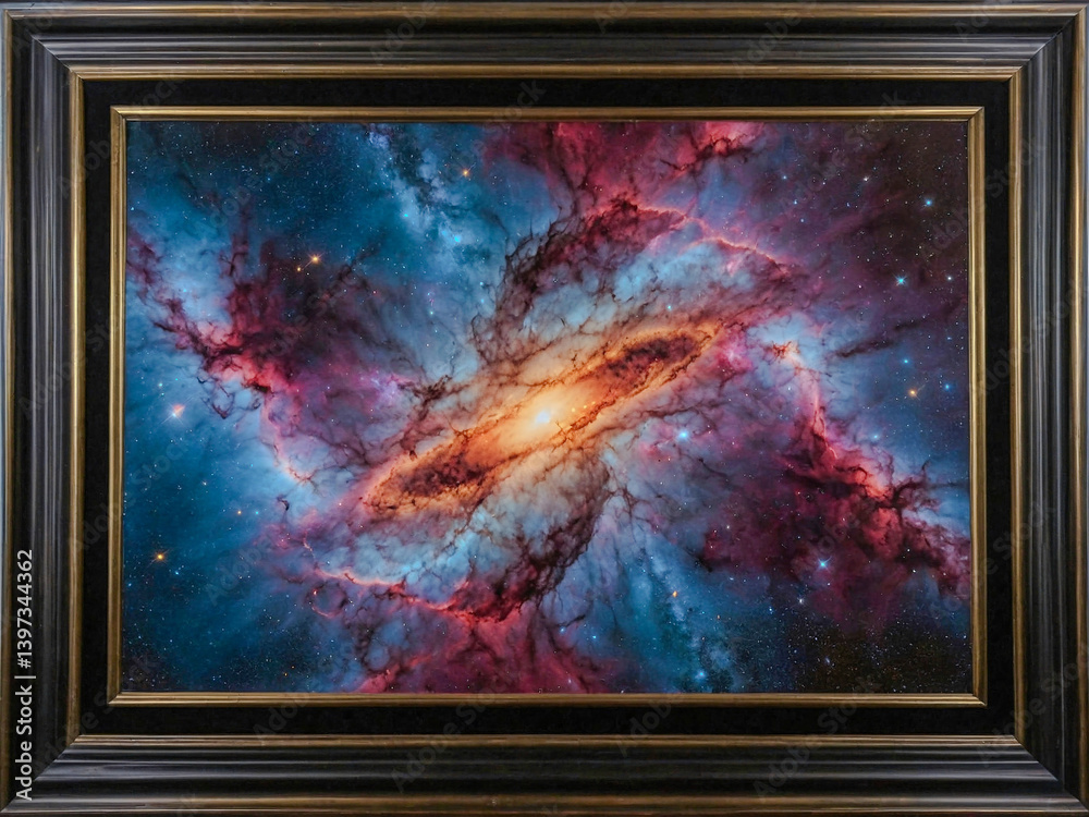 Wall mural cosmic nebula framed by high-tech metallic borders.