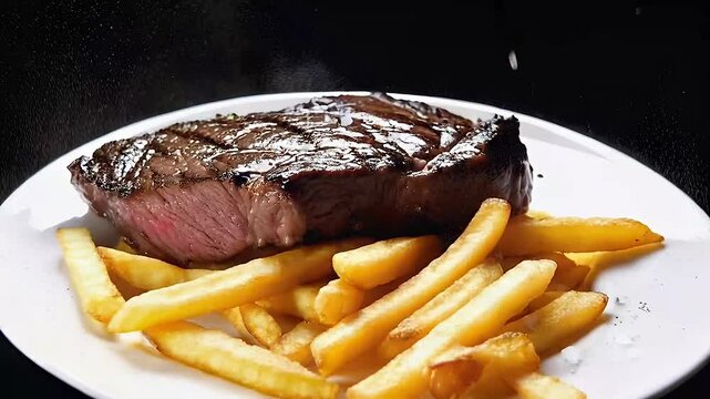 slow motion 4K video of french fries falling on to an empty white plate followed by a beef sirloin steak falling on top of the fries and then a light sprinkle of salt deconstructed food