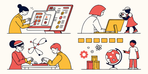 Fototapeta premium Kids STEM Education Technology Science Learning Globes Flat Vector Art