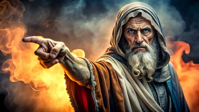 Prophet of God with finger raised warning people of their sins 4K