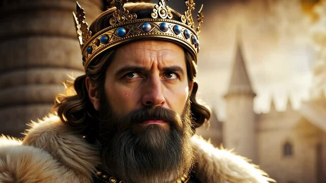 Worried king with crown against blurry castle backdrop 4K