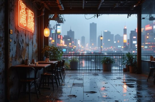 Rainy evening at a cityside cafe.  The wet pavement reflects the neon glow of the urban landscape beyond the window.  A tranquil scene despite the rain.