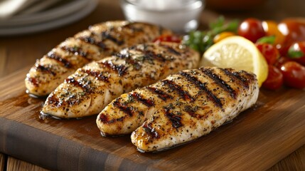 A close-up shot of grilled fish fillets seasoned with herbs and spices, served on a wooden board alongside fresh vegetables and a wedge of lemon