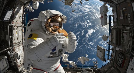Obraz premium Astronaut Eating Cookie Inside Space Station Over Earth View