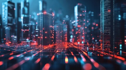 Obraz premium Digital Metropolis: A futuristic cityscape illuminated by vibrant red and blue neon lights, showcasing advanced technology and interconnectedness.