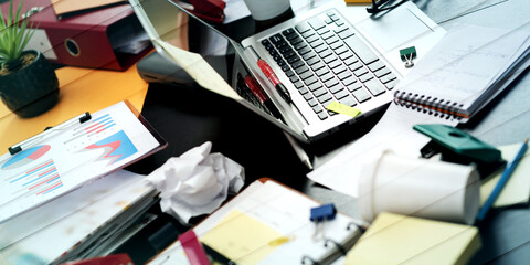 Messy and cluttered desk, geometric pattern