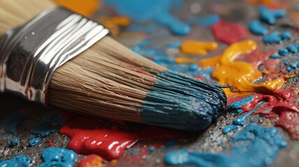 Fototapeta premium macro photograph of dirty paintbrush bristles with dried and wet paint residue