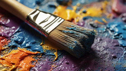 Fototapeta premium macro photograph of dirty paintbrush bristles with dried and wet paint residue