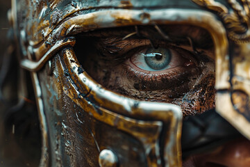 Generative AI image of a fierce ancient gladiator in battle-worn armor and helmet, inspired by Greek warriors