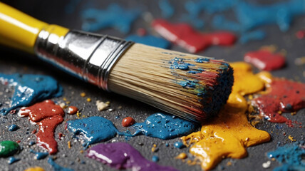 Obraz premium macro photograph of dirty paintbrush bristles with dried and wet paint residue