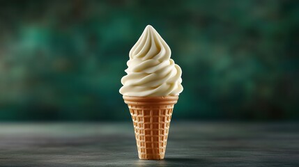 soft serve ice cream in a cone, perfectly swirled. Bright, cheerful lighting. Simple or slightly blurred background, color-coordinated. 