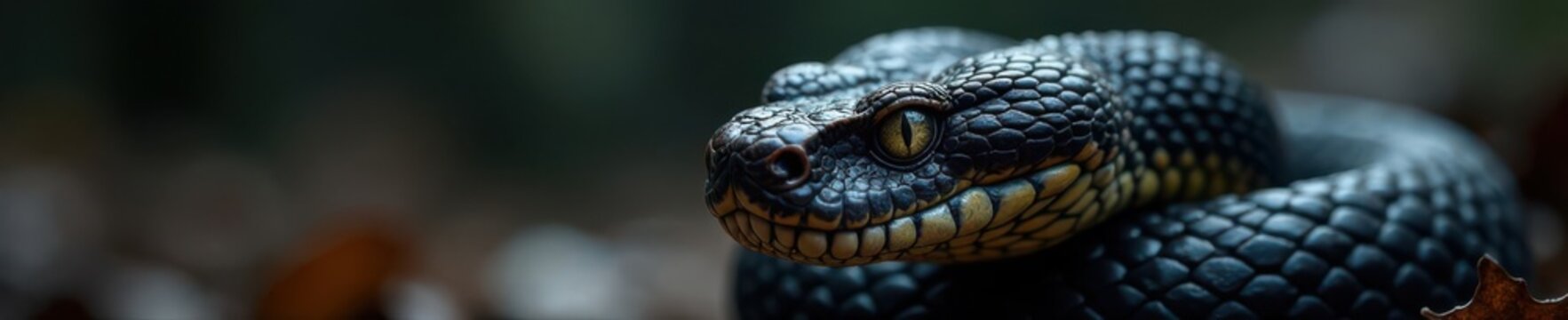 Dark scales glisten on the viper's face, revealing piercing eyes and sharp teeth,  scaly,  reptiles