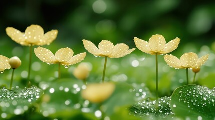 Dew covered yellow flowers bloom on green