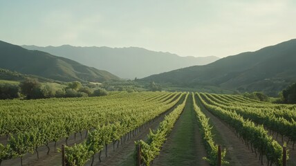 Fototapeta premium Sunlit Vineyard Rows in Mountain Valley