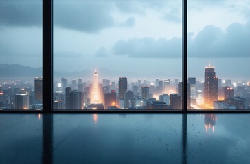 A panoramic city view at dusk is seen through large glass windows of a modern building. Rain reflects on the sleek floor.  The city lights twinkle against a cloudy sky.