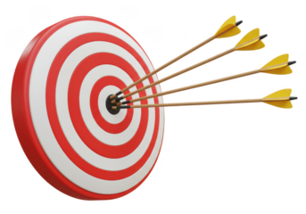 Target with red and white rings hit by several yellow arrow shafts