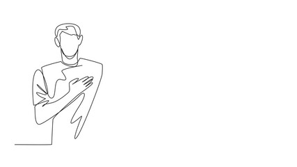 Animation of single continuous line drawing man in casual clothes posing swear gesture. Honest and trustworthy nature. Has many friends and relations. National Honesty Day. Full length motion