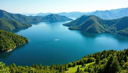 Fototapeta premium Irregular shaped lake with winding shoreline and islands, organic, shoreline