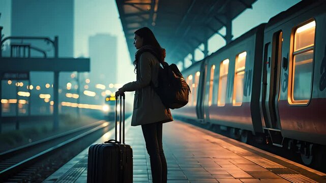 Woman with suitcase standing on train platform at night under soft lighting, waiting beside modern railway car in urban travel environment

